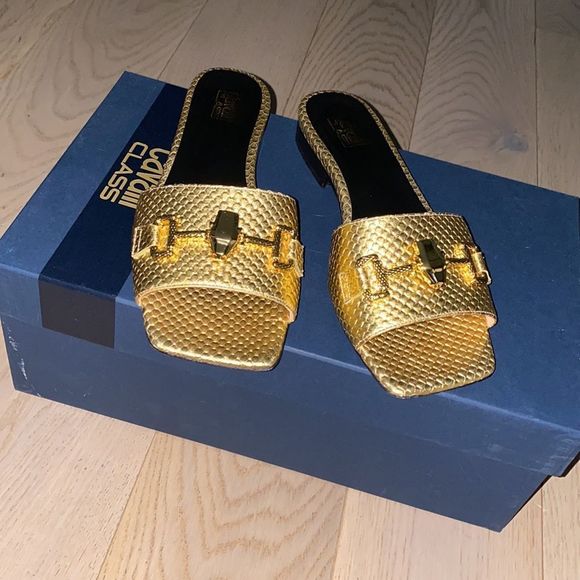 Roberto Cavalli Shoes - Roberto Cavalli Class Snake Embossed Slide Sandal In Gold
